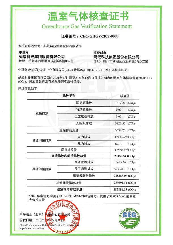 螞蟻科技集團股份有限公司-CEC-GHGV-2022-0080-溫室氣體核查證書